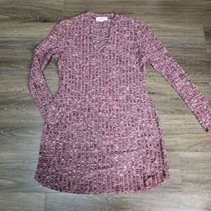 No Comment Womens M Mini Dress Burgundy Marled Ribbed Lattice Neck Long Sleeve